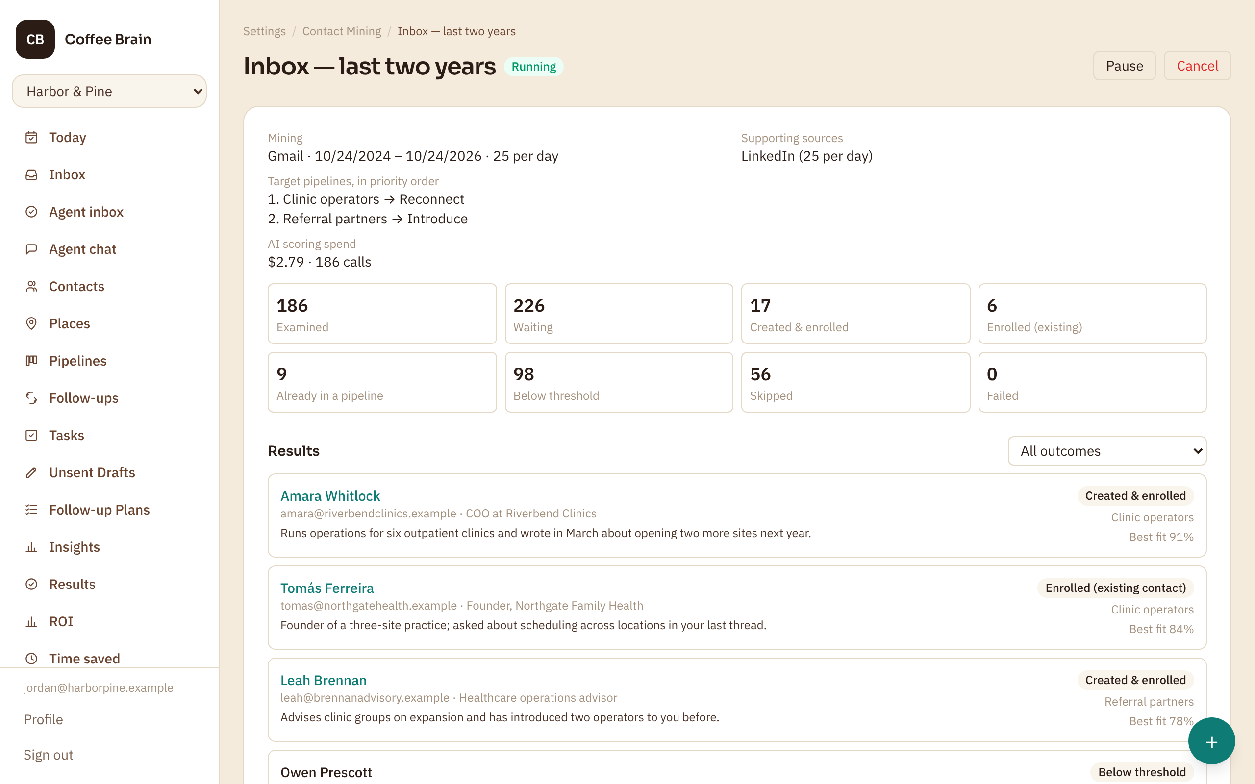 A Contact Mining operation in progress: how many people it has examined and enrolled, its target pipelines in priority order, and each person it looked at with their fit score and the reason for it.