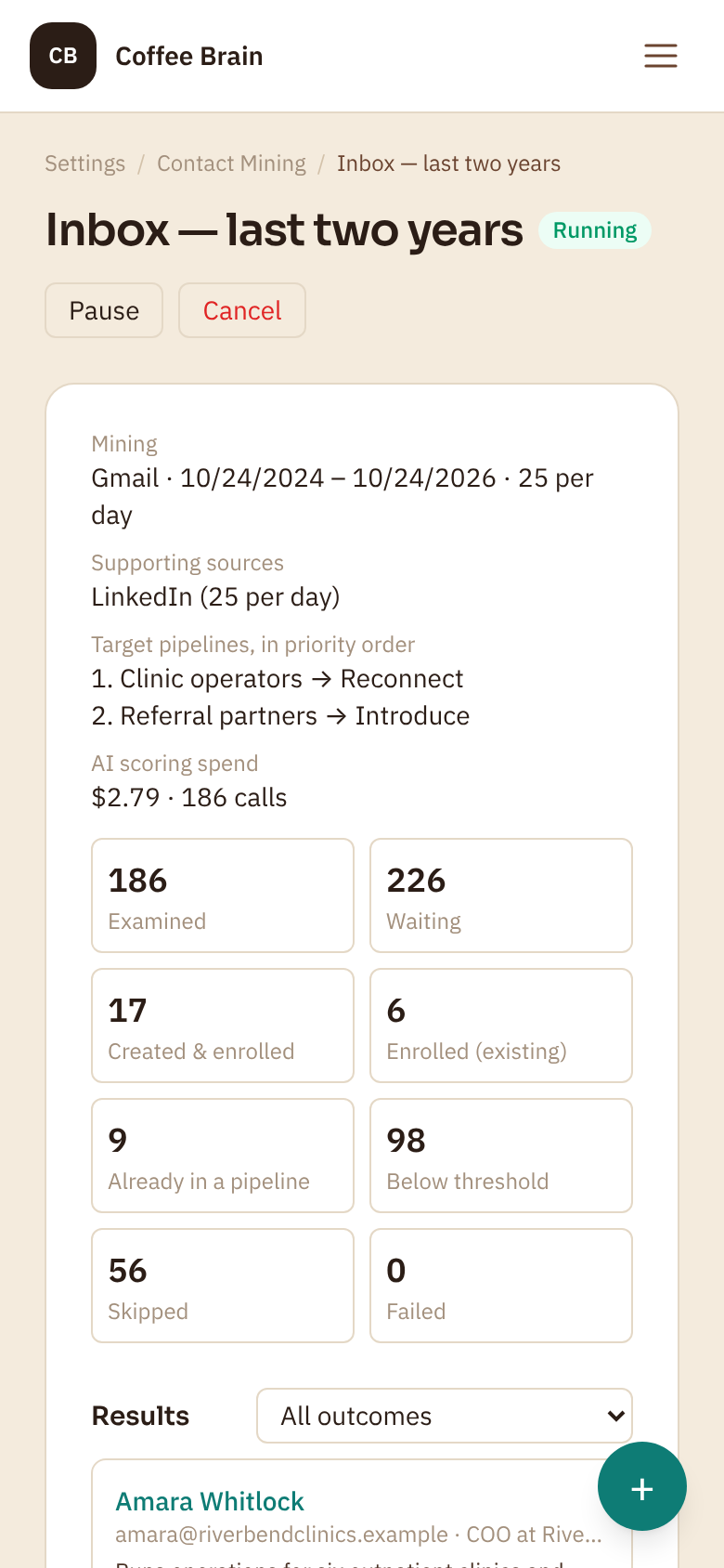 A Contact Mining operation’s results on a phone: its progress, and the people it enrolled with their fit scores.