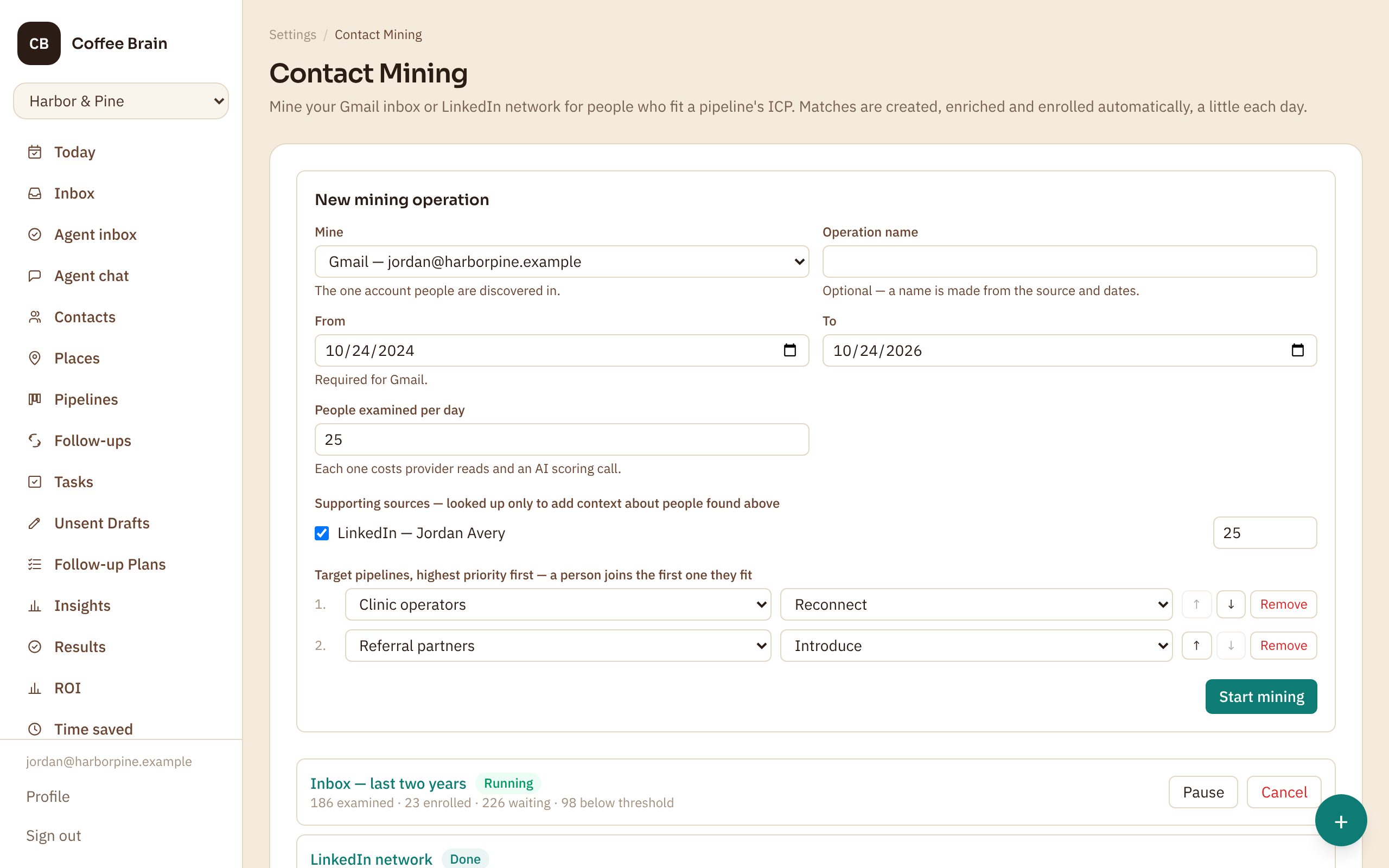 Setting up Contact Mining: the account to mine, its daily limit and date range, supporting accounts to cross-reference, and the target pipelines in priority order — beside the list of operations already running.