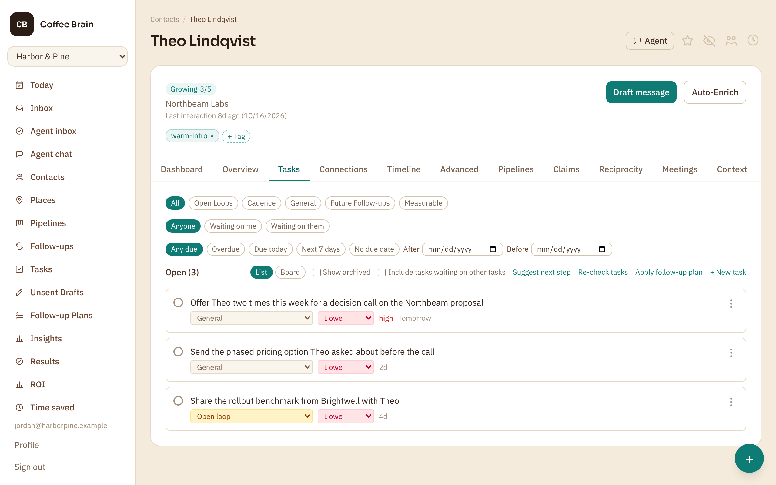 A contact’s Tasks tab: the open next steps for a prospect at the Proposal sent stage, each aimed at moving them to a decision.