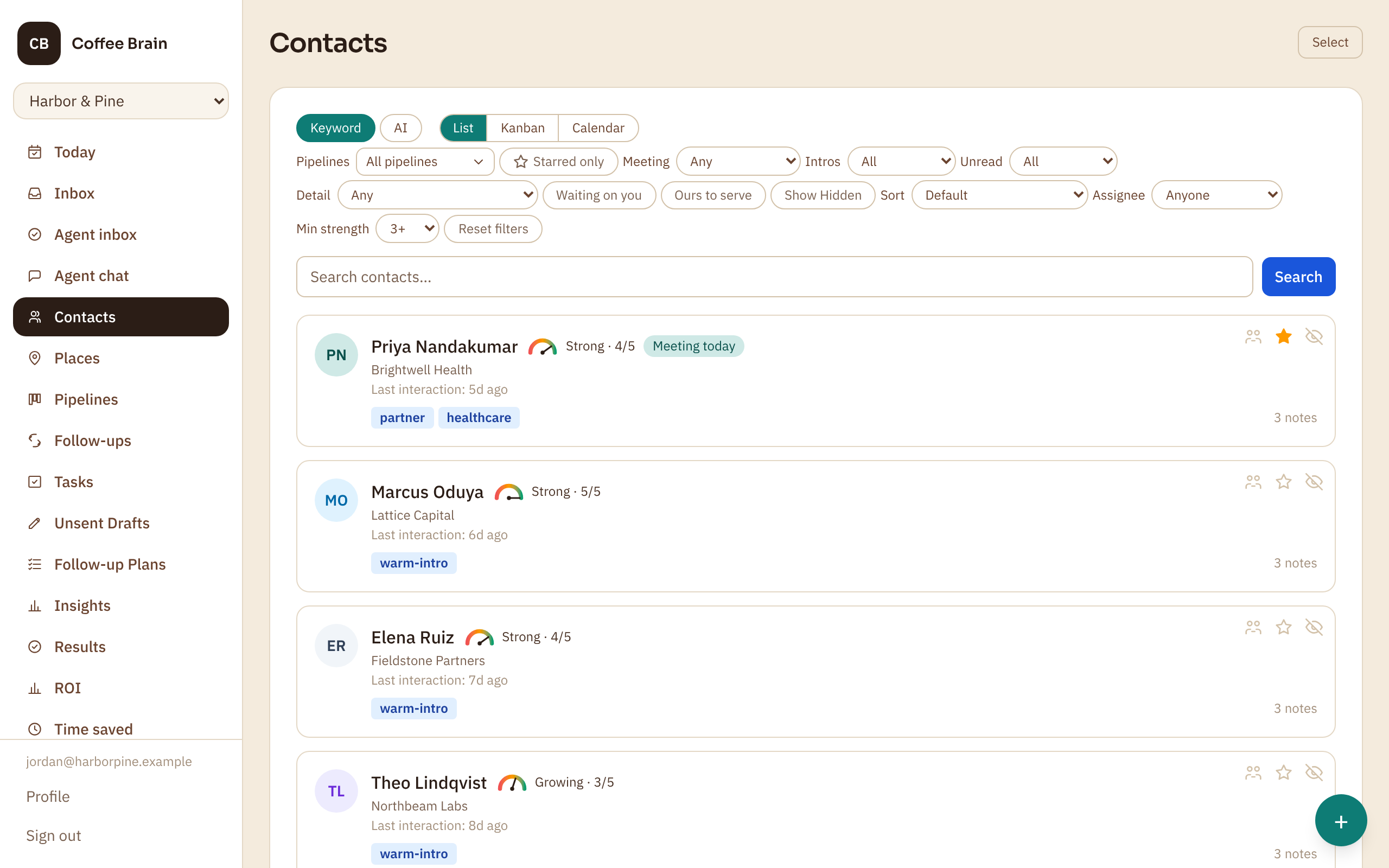 The Contacts list filtered to a minimum relationship strength of 3, each person carrying a strength badge.
