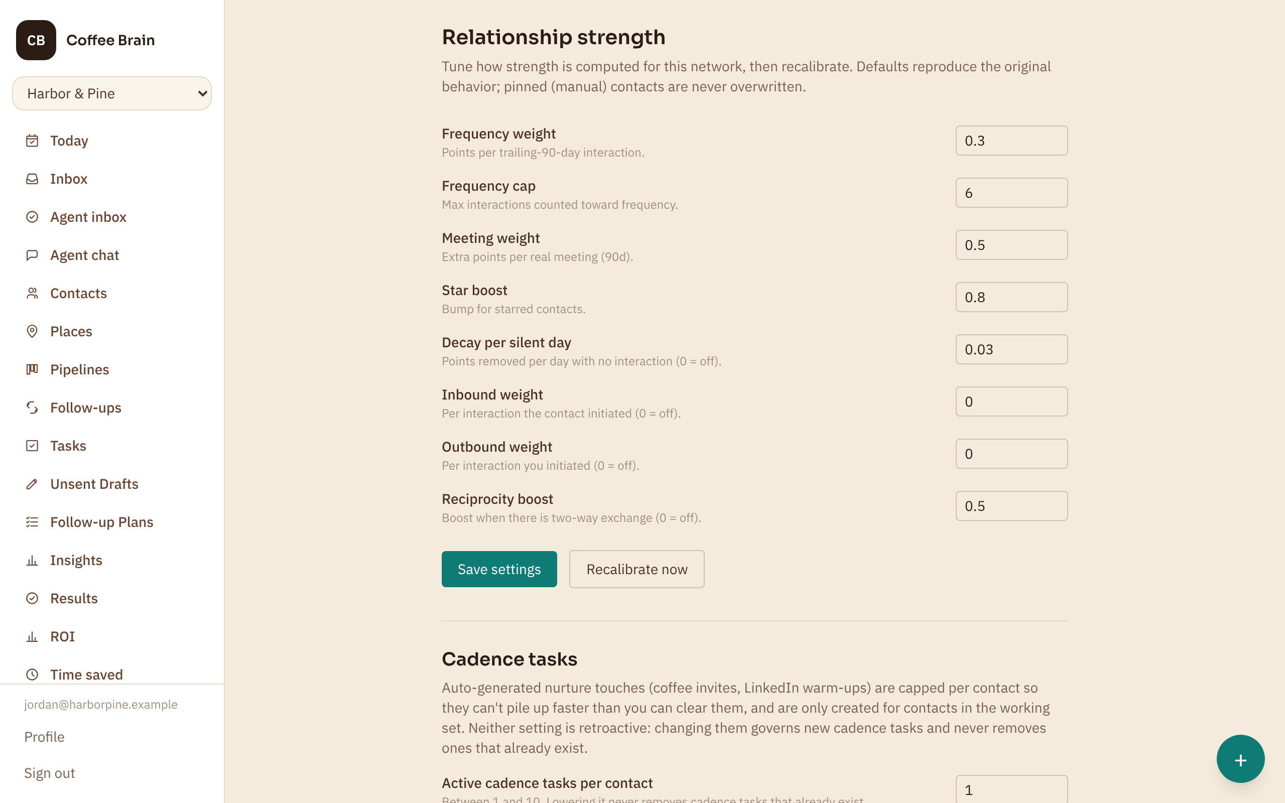 The relationship strength settings for a network: the weight of each factor, and two sample contacts whose scores update as the weights change.